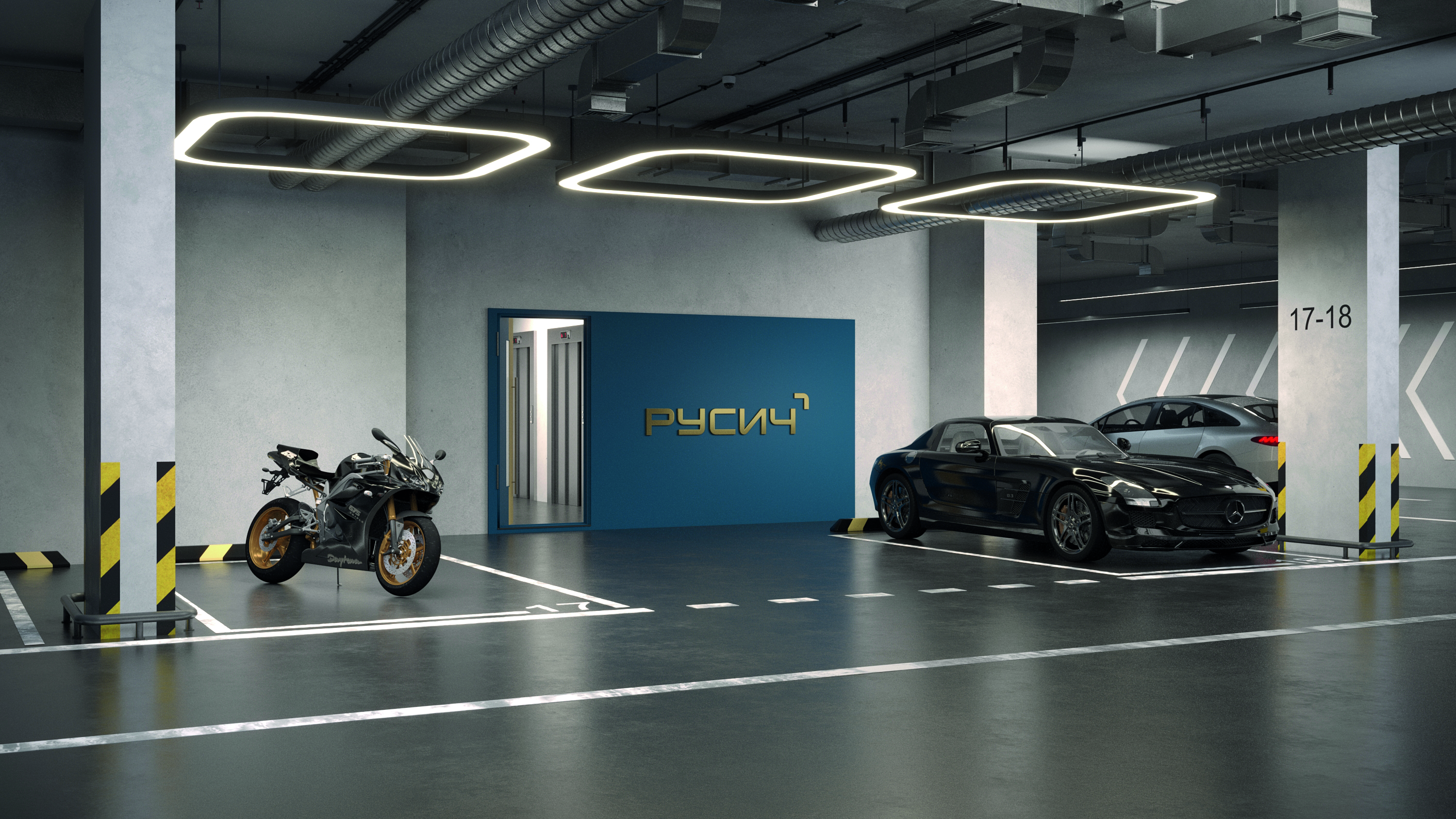 Двухуровневый подземный паркинг с зарядками для электромобилей
